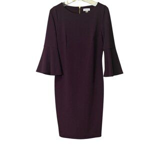 Calvin Klein Plum Sheath Dress Bell Sleeves Gold Zip Back Size 8